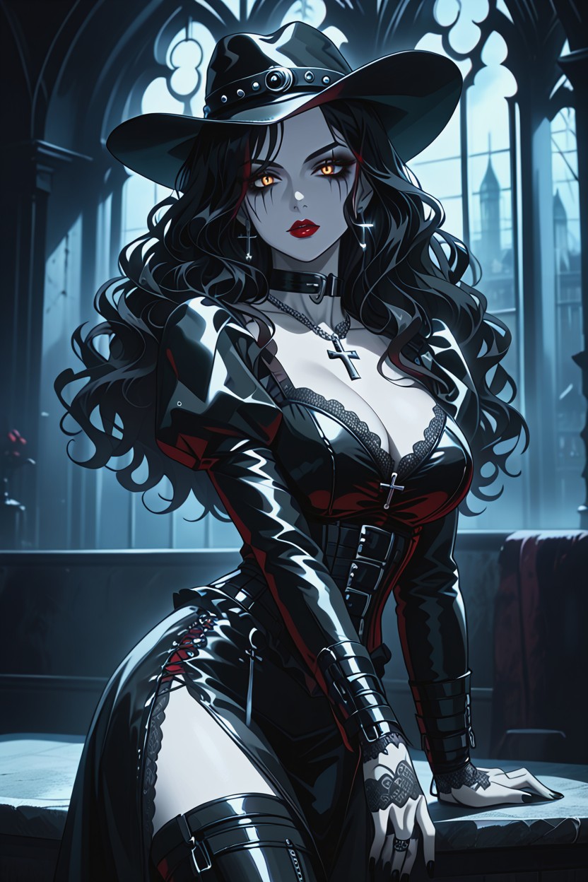 Lace Gloves Elbow-length, Platform High Heels Boots, Leather Overcoat Hentai AI Porn