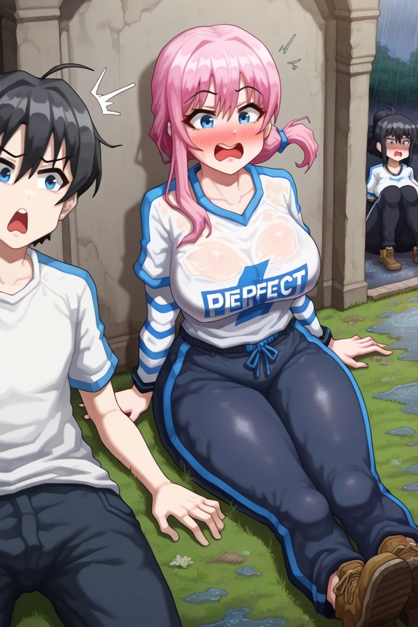 Sitting On The Grass, In A University Courtyard With Grass, Looks At With A Determined Face Hentai AI Porn