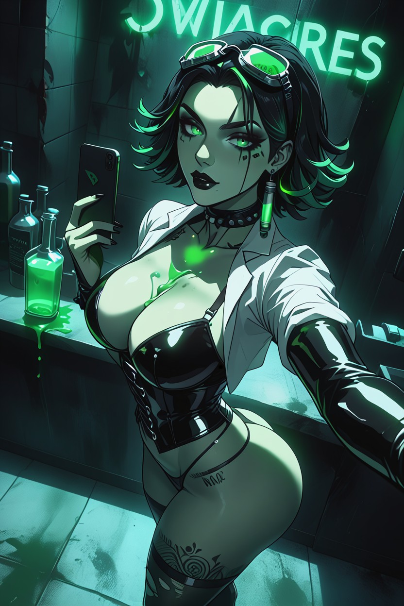 Maelis Vampire Woman, Other Hand Pressing A, Toxic Green Liquid Tubes Connected To The Corset Hentai AI Porn