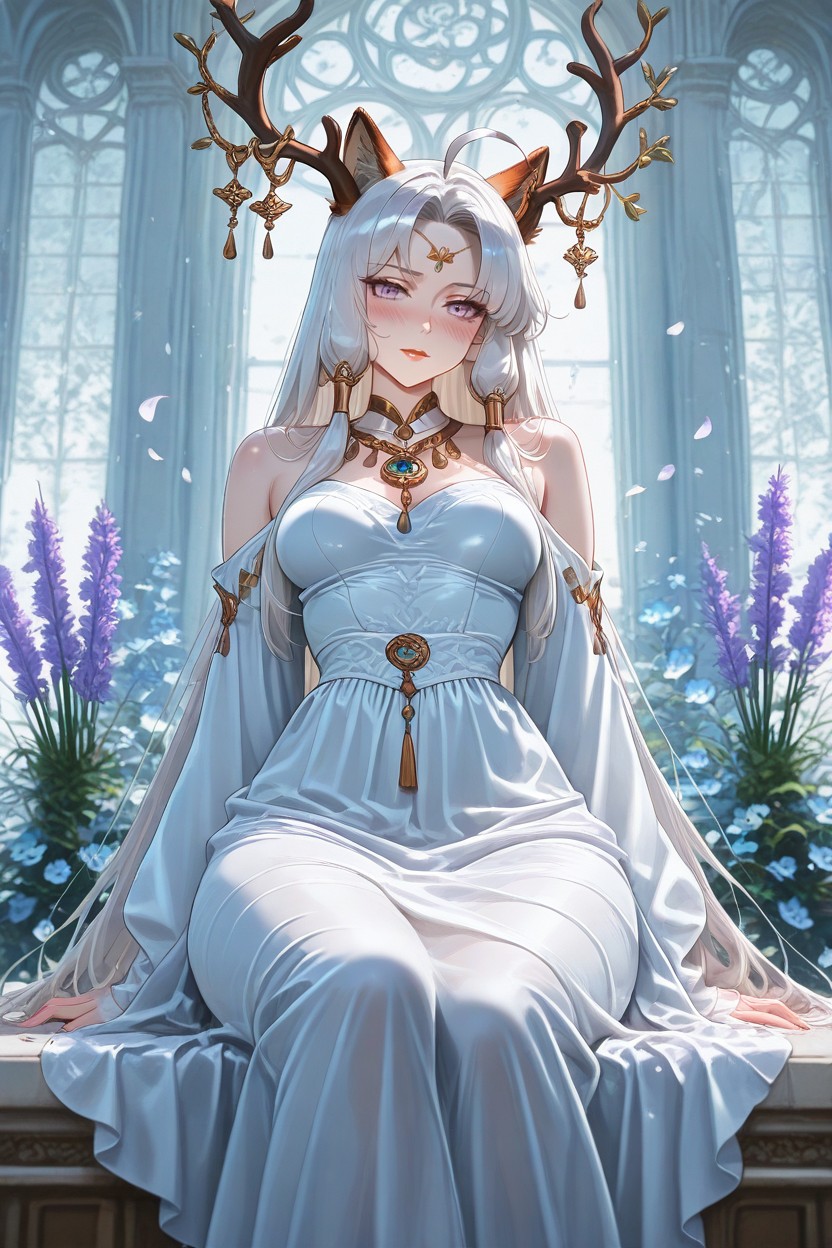 Small Breasts, Highlighted By Drifting White Petals Floating Around Her, Full Body Hentai AI Porn