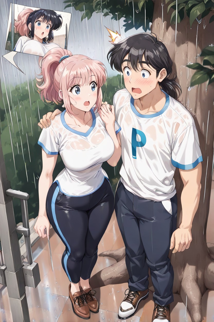 Wearing Very Primary Blue With White Stripes, Blue Eyes, Mouth Open Hentai AI Porn