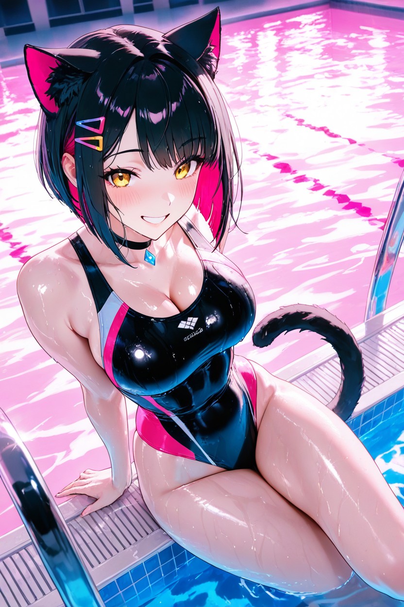 Swimming Pool, Top Down, Bob Haircut Hentai AI Porn