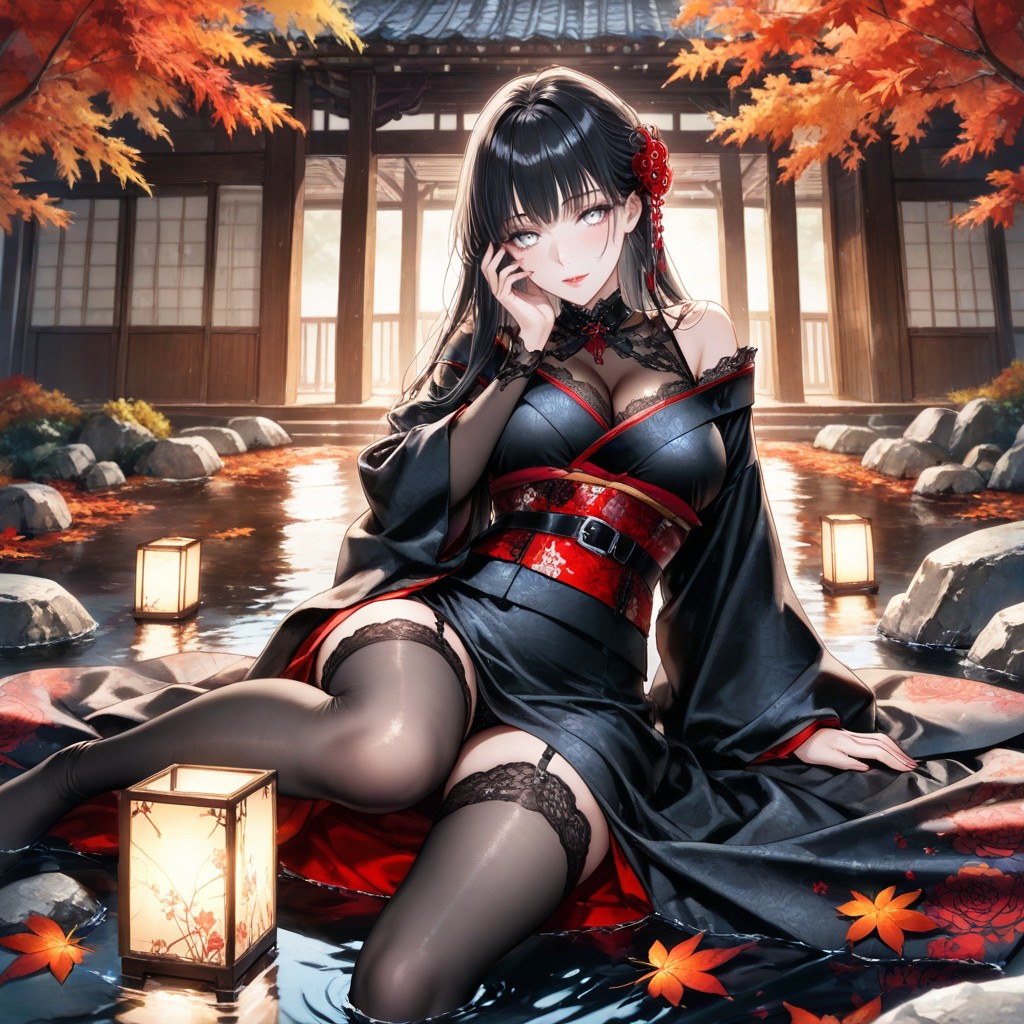 Sitting, Delicate Black Lace Trimming, Deep Black Base Color Hentai AI Porn