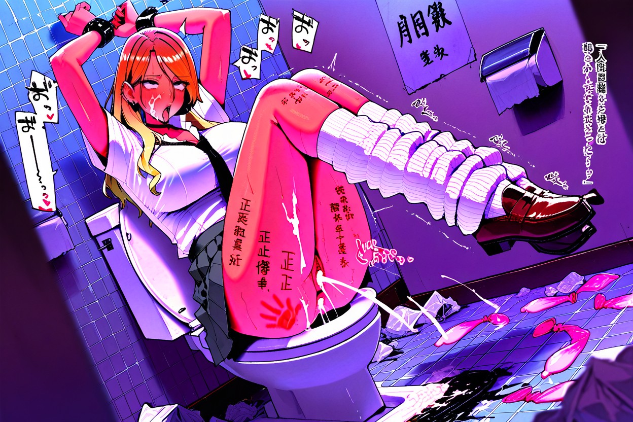 A Bar Bathroom Stall, Cum Covered Body, Long Eyelashes Hentai AI Porn