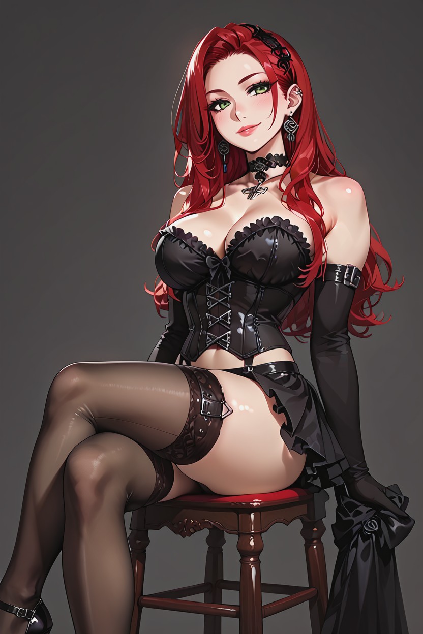 Crimson Hair, Middle Of Stomach Seen Behind Corset Straps, Sitting Hentai IA