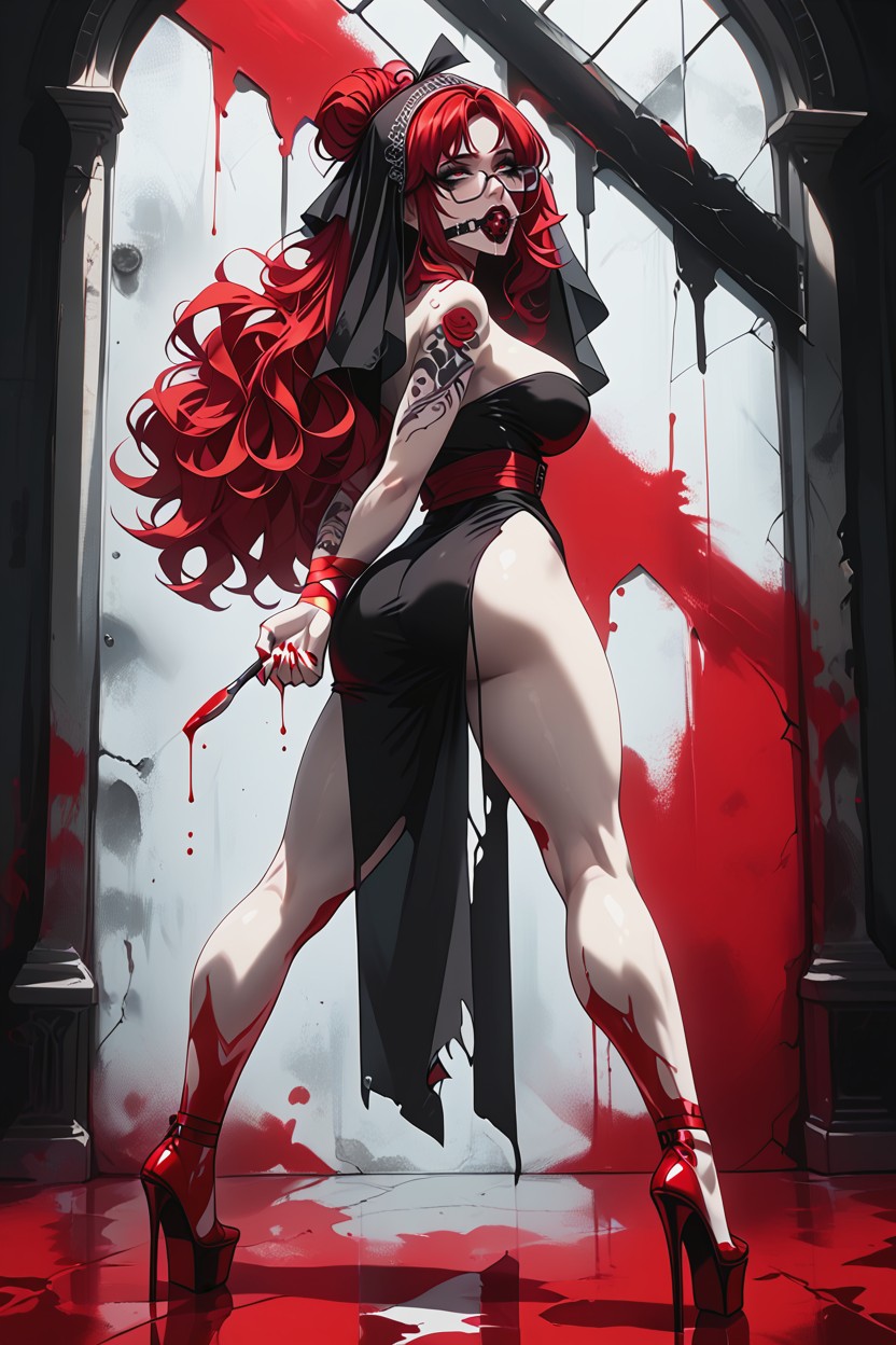 Red Platform High Heels Boots, Deep V, Ripped Veil With Hentai AI Porn