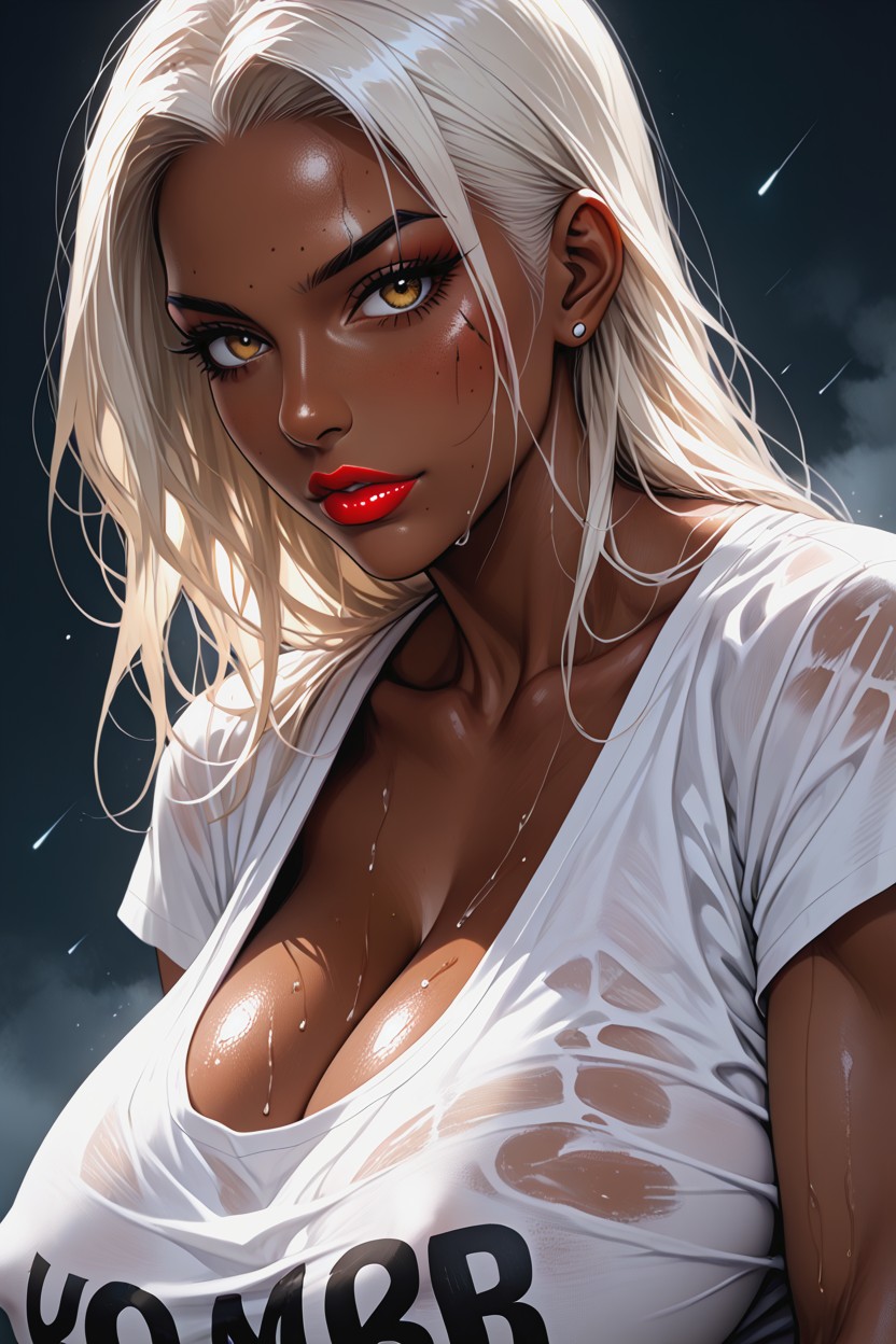 Deep Cleavage, Noodle Strap Plain Tshirt, White Hair Porno IA Hentai