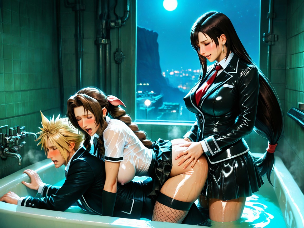 Aerith Gainsborough, Dieselpunk Industrial Aesthetic City, Dark Atmosphere Hentai AI Porn