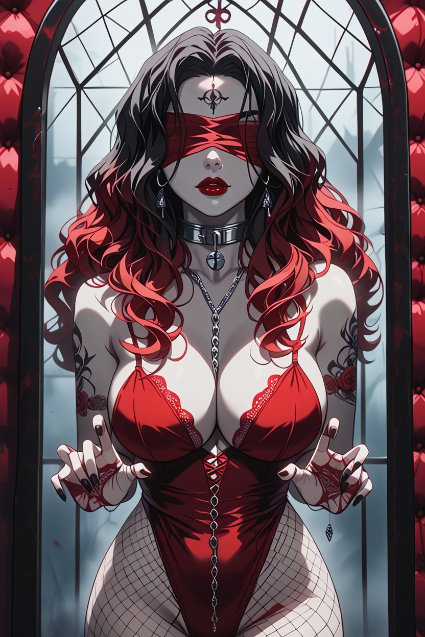 Standing In Front Of A Two-way Mirror Pose, Dark Makeup, Red Lips Hentai AI Porn