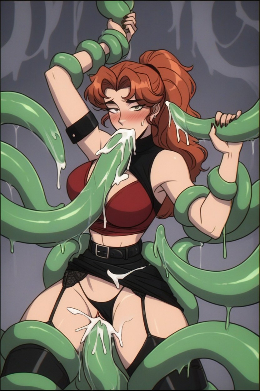 Garter Belt, Lifting Up Revealing Shirt Over Her Head, Pechos Redondeados Hentai IA