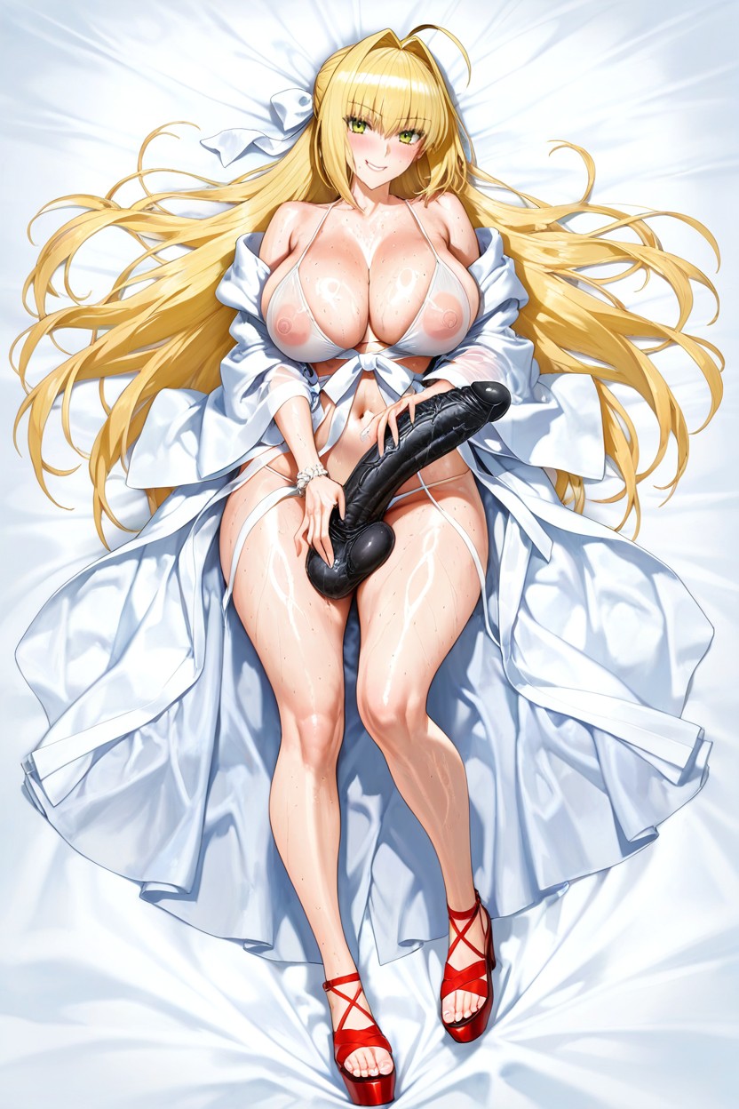 Black Penis, Paired With Red Platform Sandals And White Ribbons In Her Blonde Hair, Nero Claudius From Fate Grand Order Hentai IA
