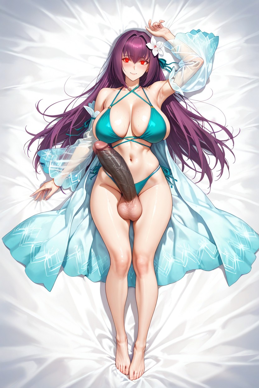 Lying Centered On A Plain White Bedsheet, Cuerpo Completo, Arm Raised To Her Brow While Her Legs Are Crossed Hentai IA