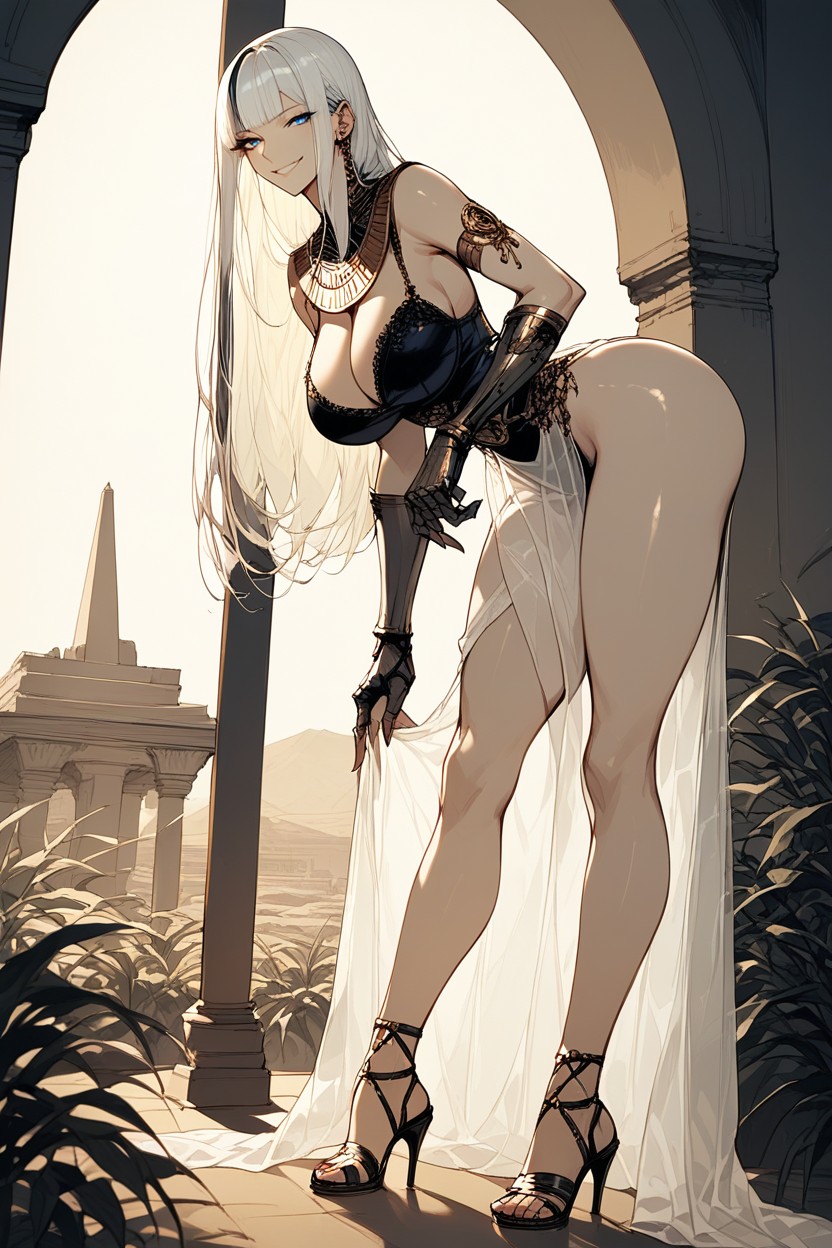 Agachándose, Guantes De Armadura, Sharp Seductive Face And Bright Blue Eyes Hentai IA