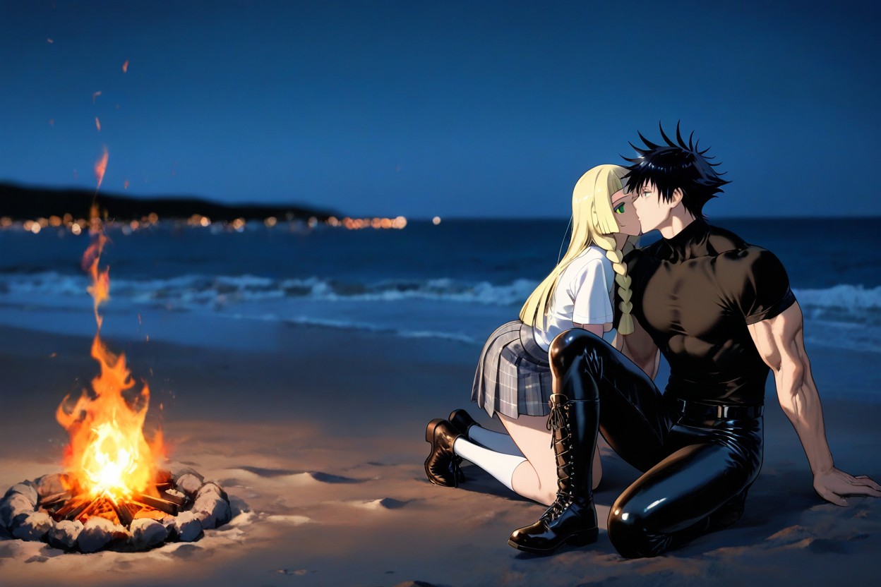 Long Straight Blonde Hair, Campfire Burning, Toji Fushiguro Wears Boots Hentai IA