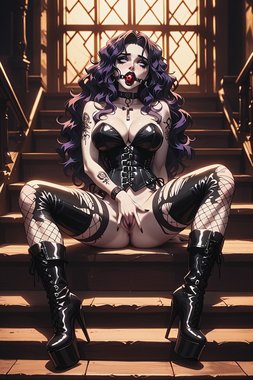 Messy Hair Falling Over The Railing, Black Leather Corset Topunzipped Halfway, Tattoos Hentai IA
