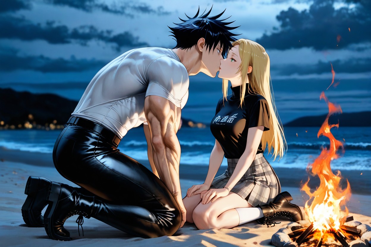 Shore Background, Gray Water, Toji Fushiguro Wears Black Leather Pants Hentai IA