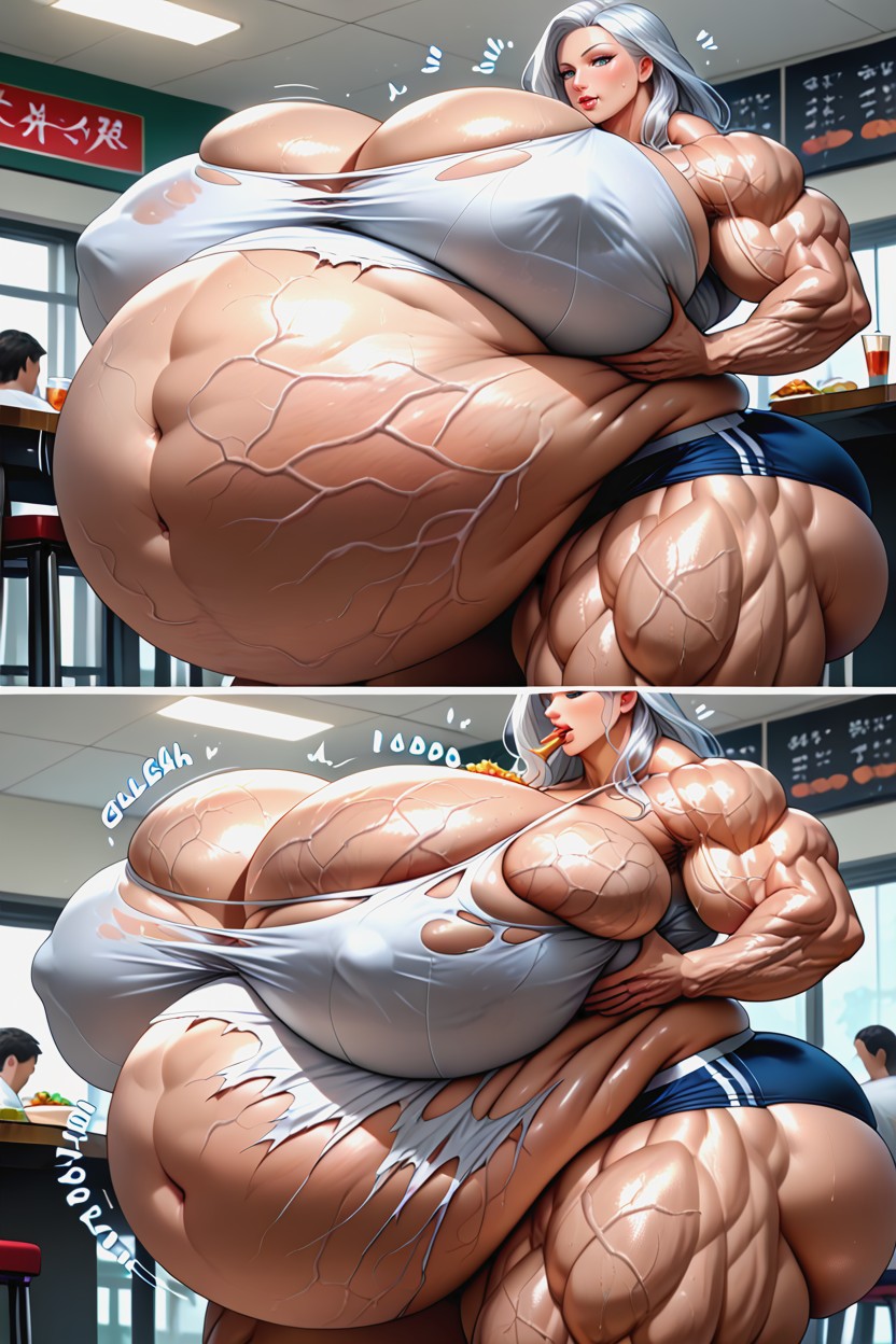Huge Plates Of Food Everywhere, Muscle Expansion Progression, Six Pack Abs Hentai AI Porn