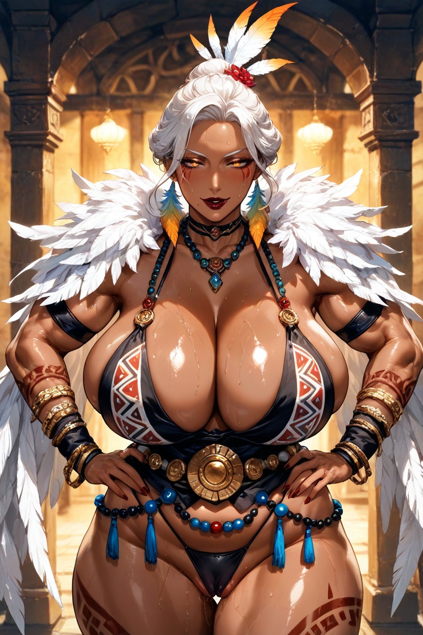 Voluptuous Physique, Broad Shoulders, White Hair In Bun Hentai IA