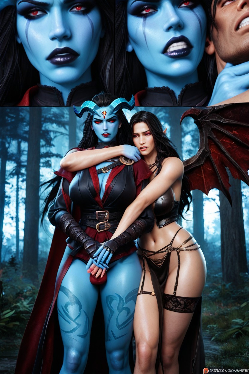 Woman Have Blue Skin, Long Flowing Black Hair, Red Eyes Hentai AI Porn