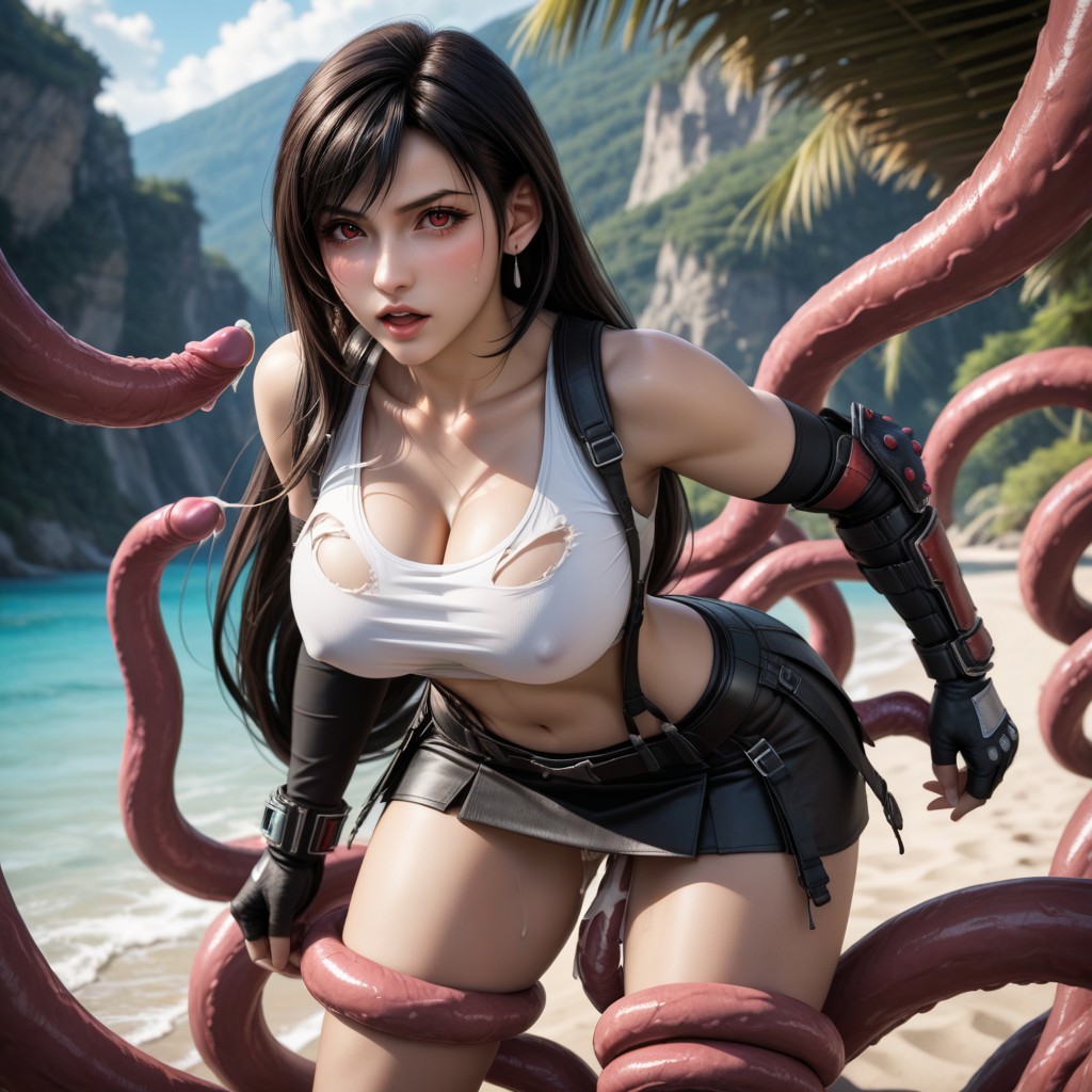 Tight Body, Tentacles Grope Her From Behind, Torn Clothes Bare Breasts Exposed Hentai AI Porn