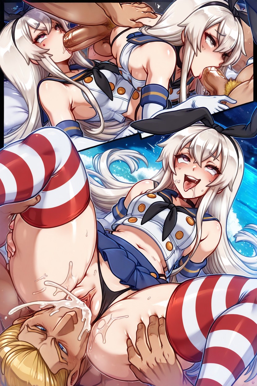 Small Breasts, White And Red Striped Cotton / Stockings, Soft Touch On The Body Hentai AI Porn