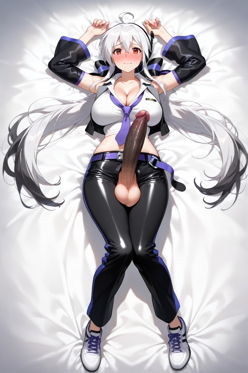 Strictly From A Top-down Perspective, Paired With A Purple Necktie, Lying On Her Back Hentai AI Porn