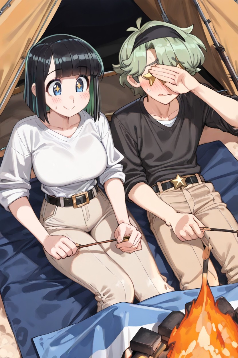 Round Face, Beige Pants, Blue Eyes Hentai IA