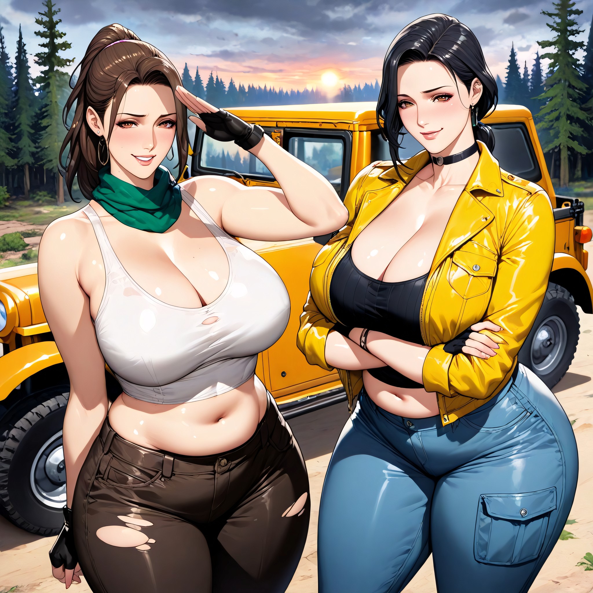 Crossed Arms Next To Her The Second Woman Has A Tan-skin And Long-black Hair, Massive Ass, Navel Exposed Hentai IA