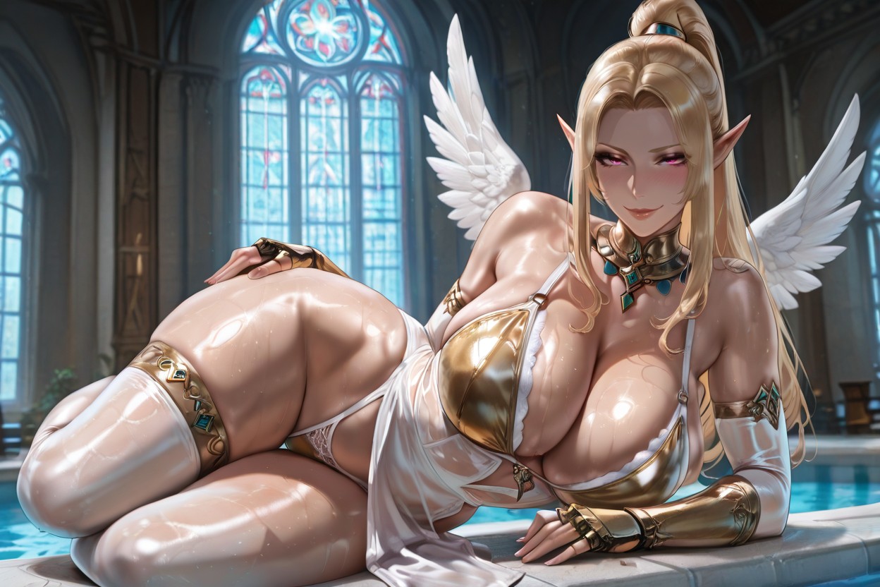 Full Body, Sweaty, White Flowing Shoulder Ribbons Porno IA Hentai