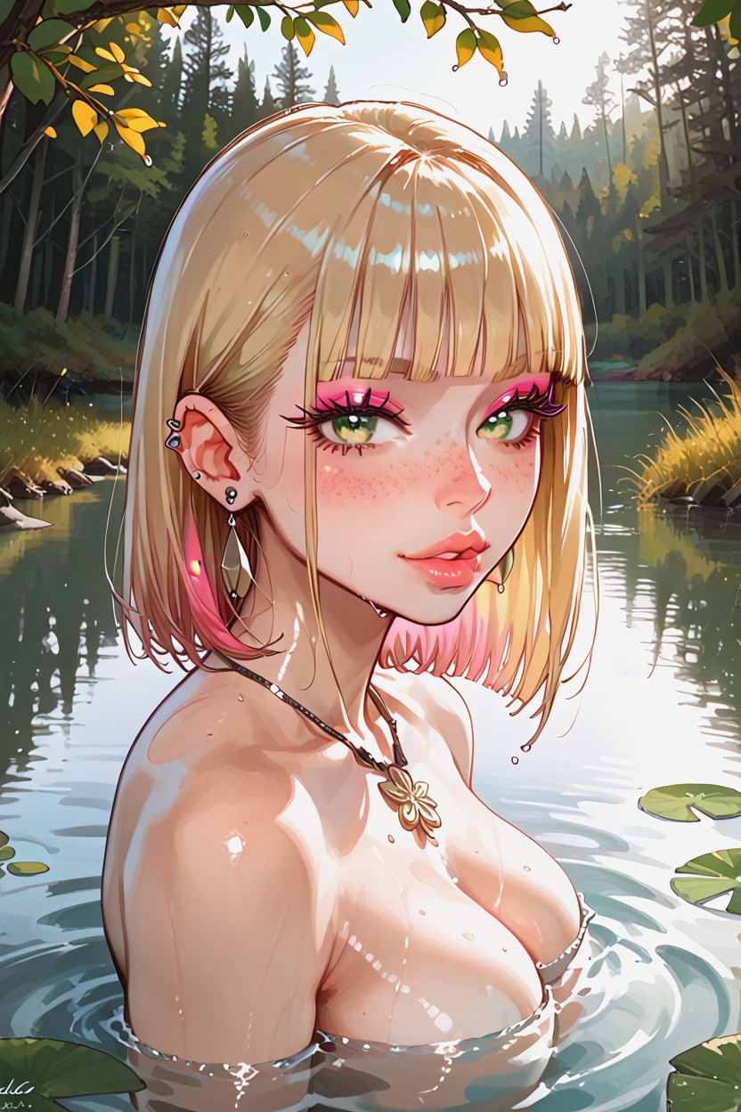 Partly Submerged In Water, Perfect Body, Straight Hair Hentai AI Porn