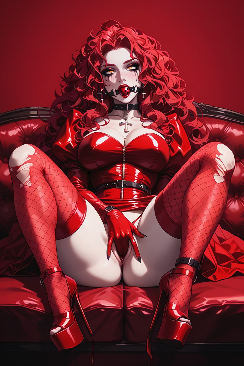 Red Latex Dressdeep V, Ankle Straps, Ecstasy Expression Hentai AI Porn