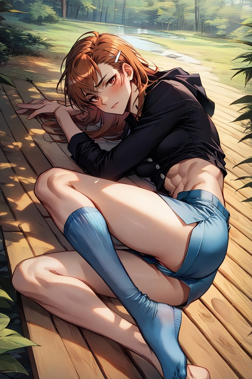Naked, Perfect Skin, Laying On Sideone Leg Apart On Wood Hentai AI Porn