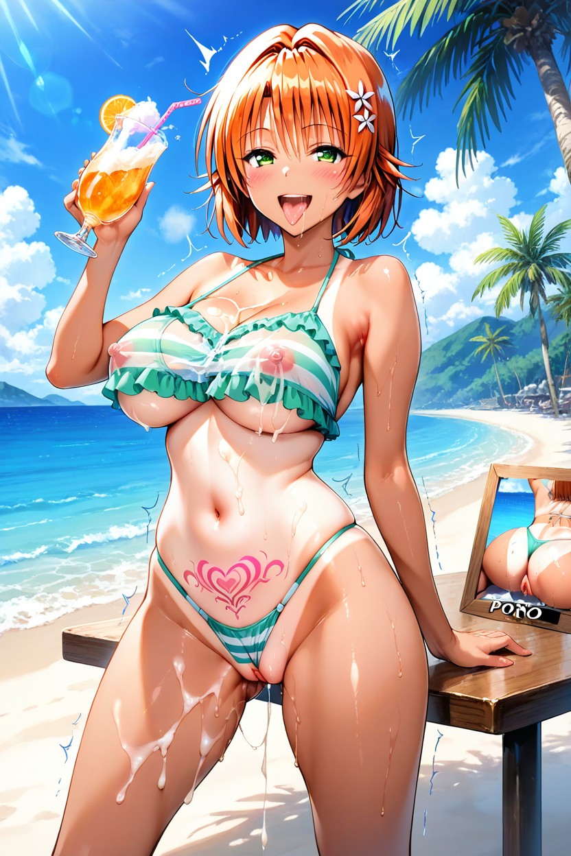Open Mouth, Pastel Green Striped Frilly Sling Bikini, Female Yuki Rito From To Love Ru Porno IA Hentai