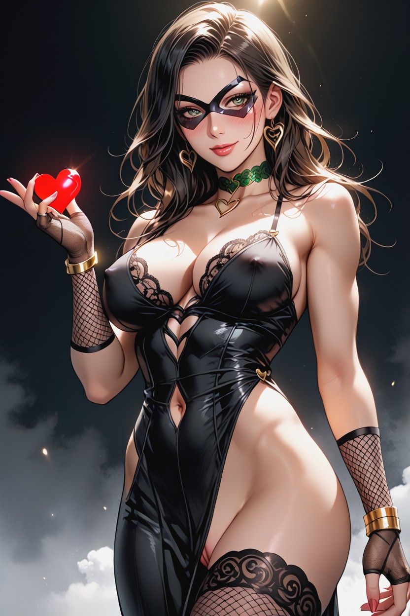 Long Black Fingerless Fishnet Gloves, Emerald Heart Choker, Happy Look Hentai AI Porn