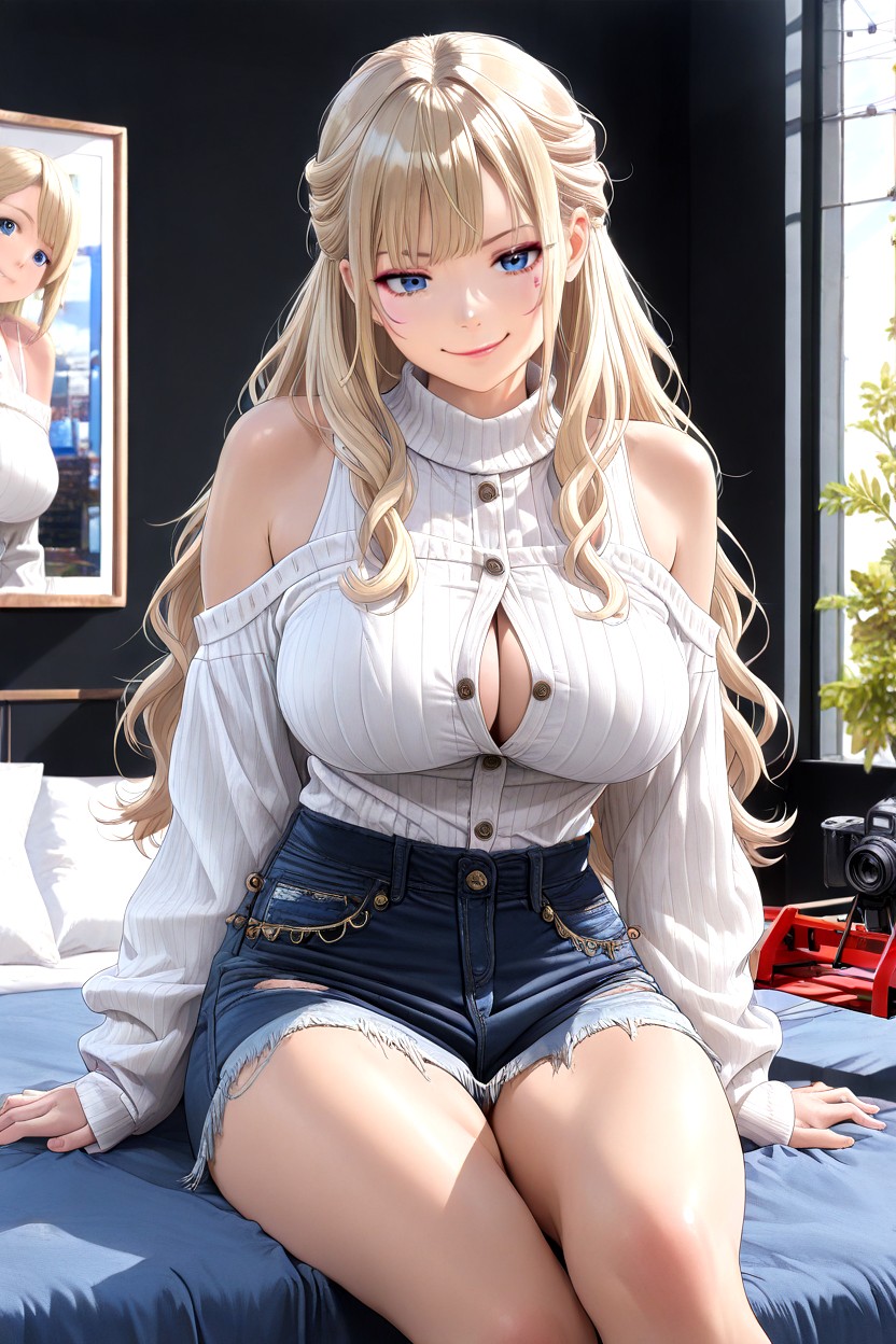 Button-front Top With Unbuttoned Buttons, Neutral Black Wall, Hands Placed On The Bedding For Support Hentai AI Porn