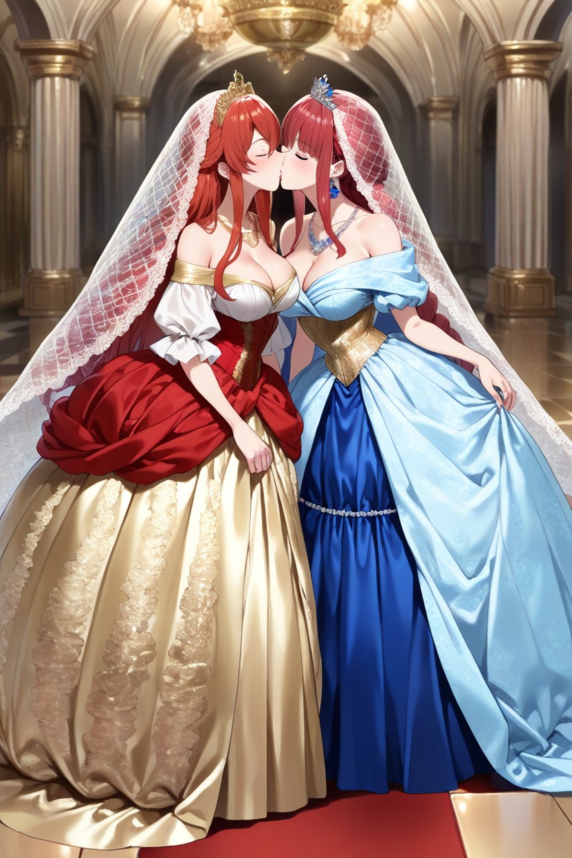 Ball Gown Silhouette, Red Hair, Silk Veil Hentai AI Porn