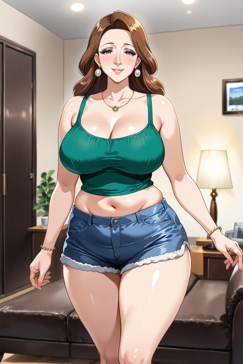 Large Natural Breasts, Green Tank Top, Wide Hips Hentai AI Porn