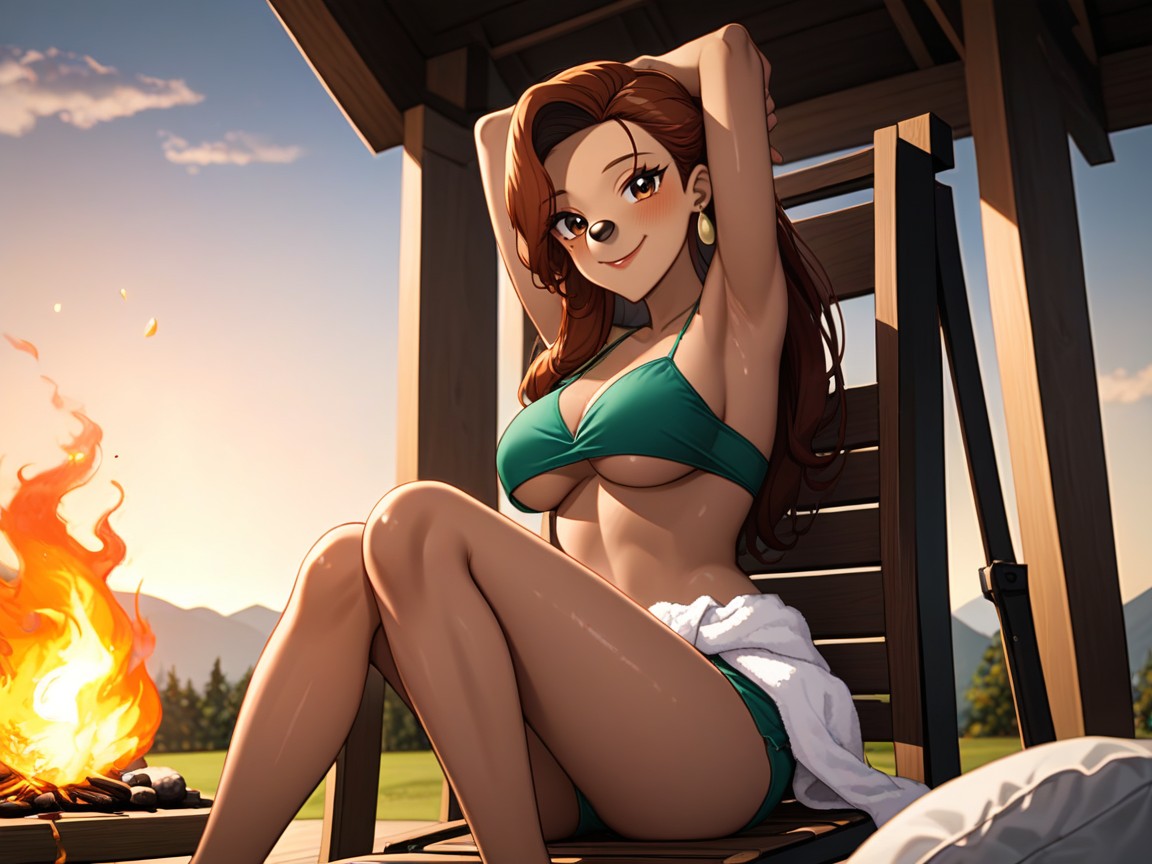 Head Down, Smooth Legs, Medium Length Wavey Reddish Brown Hair Hentai AI Porn