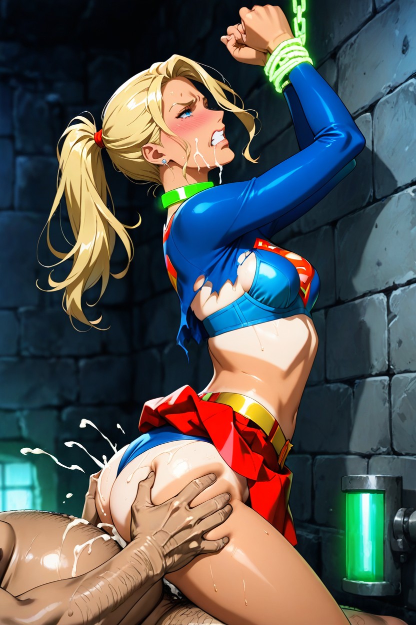 Neon Green Collar, Breasts Exposed, Arms Up Hentai AI Porn