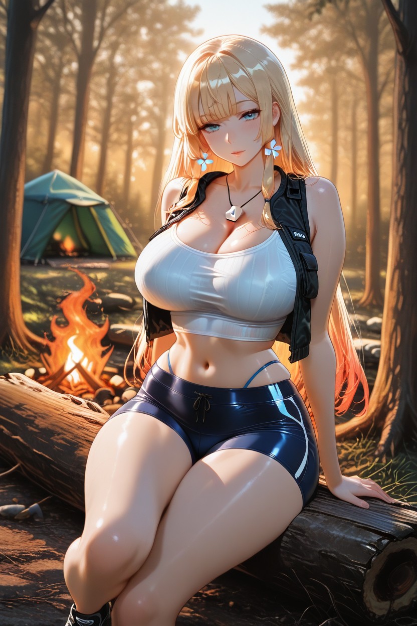 Blue Eyes, Firelight Glow, Camping Tent Hentai AI Porn