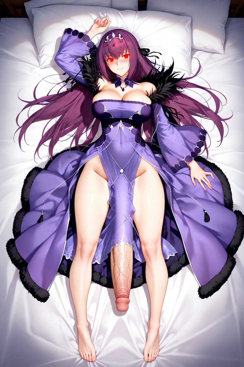 Pony Cock, Wearing A Long Purple Gown Where A Prominent, Lying Centered On A Plain White Bedsheet Hentai AI Porn