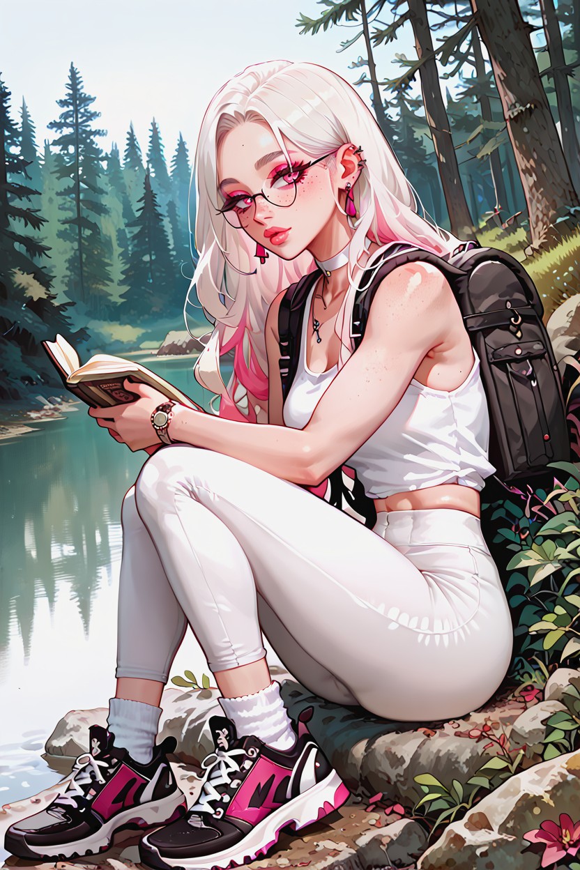 Standing, Reading Botany Book, Think Black Outline Hentai AI Porn