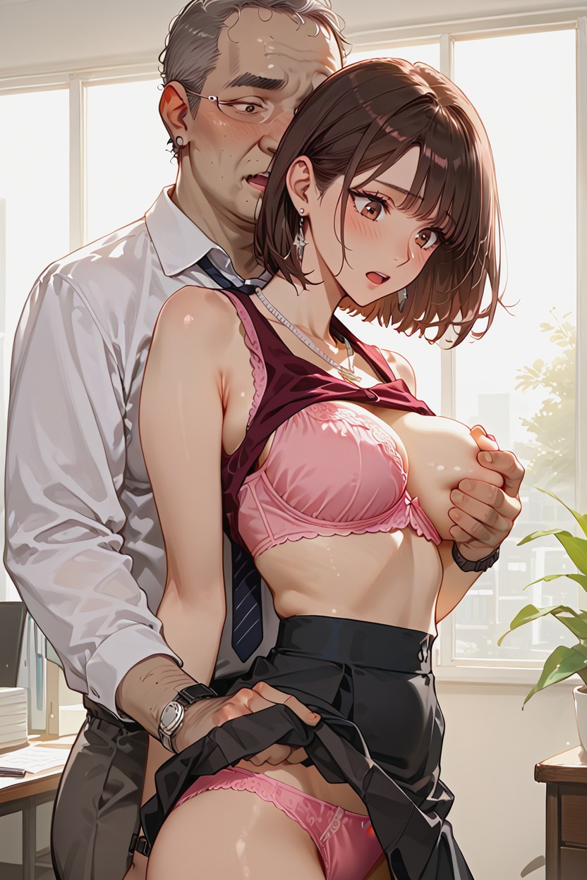 Hand Grope Breasts, Short Length, Brunette Hentai AI Porn