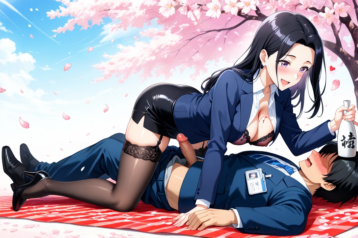 Bending Forward, Dark Blue Pencil Skirt, Erect Puffy Pink Nipples Exposed Hentai AI Porn