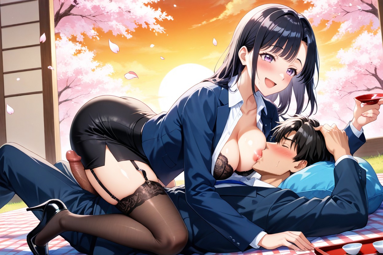 Side View, 25+, Office Lady Extending One Hand Holding Sake Bottle Hentai AI Porn