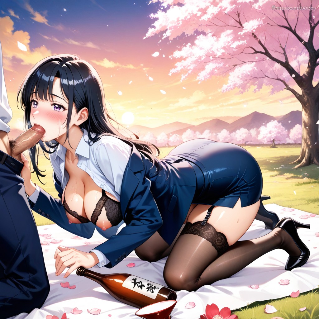 Office Lady Extending One Hand Holding Sake Bottle, Man Messed Up Shaggy Black Hair, Pov Blowjob Hentai AI Porn