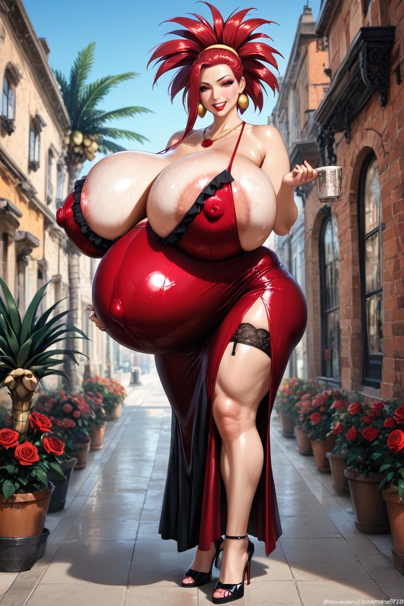 Sexually Suggestive Pose, City, Dress With Dark Red Frills Hentai AI Porn