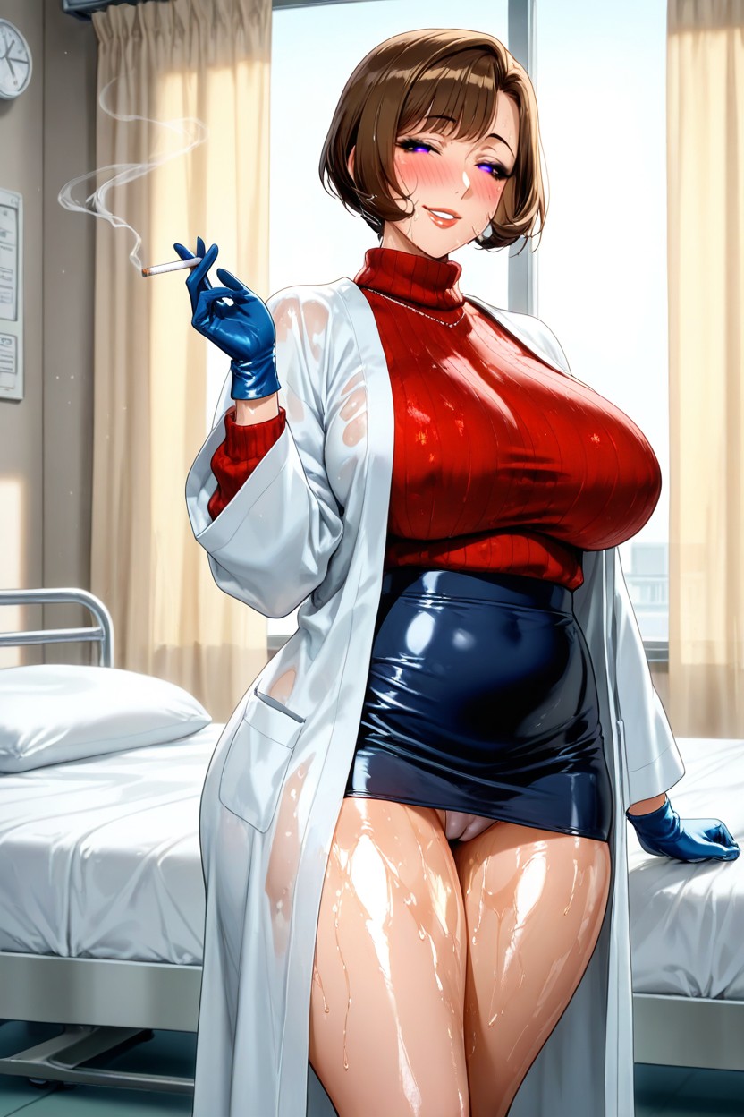 Brunette Hair, Closed Curtains, Bobcut Hentai AI Porn