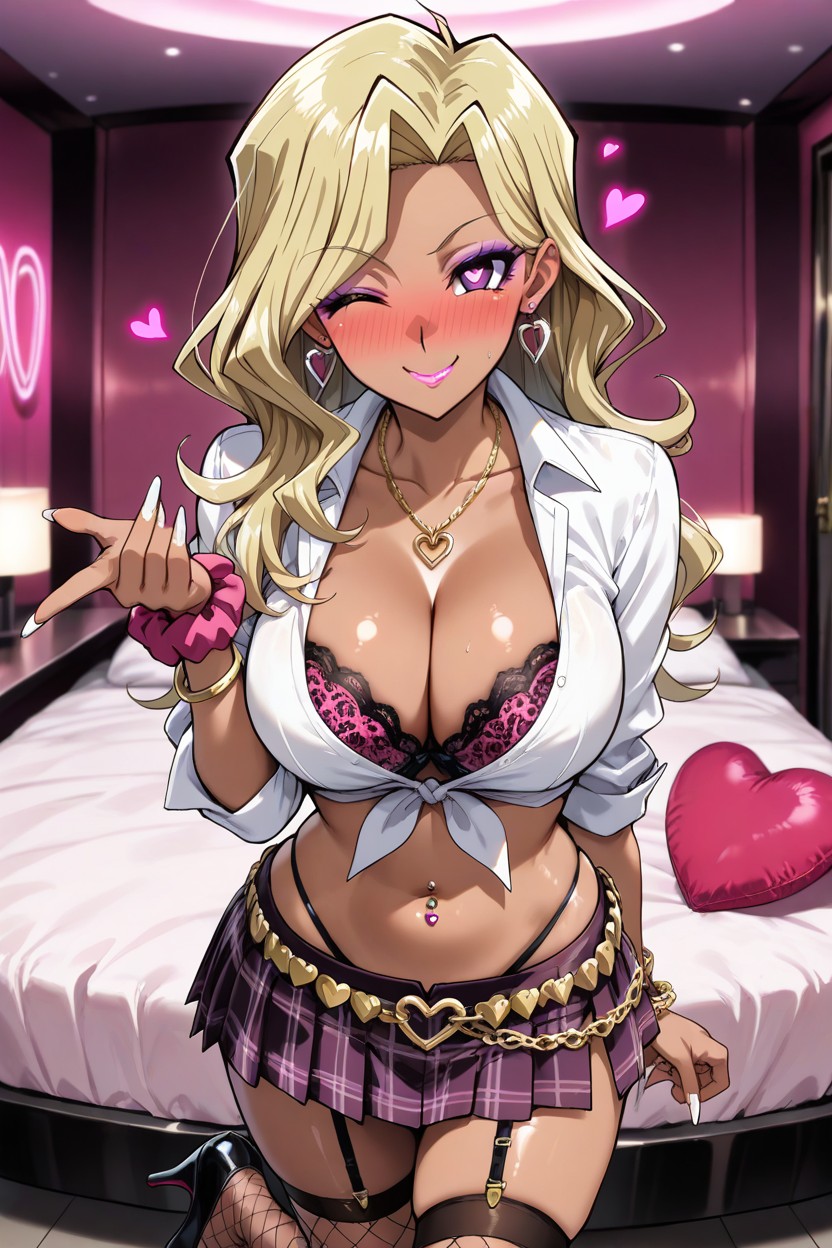 Pink Plaid Ultra Skirt, Tied White Shirt, Dark Skin Woman Hentai AI Porn