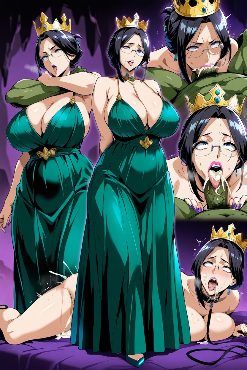 Queen In A Velvet Coronation Gown With Gold Embroidery And Crown, Retsu Unohana From Bleach, Gigant Orc Hentai AI Porn